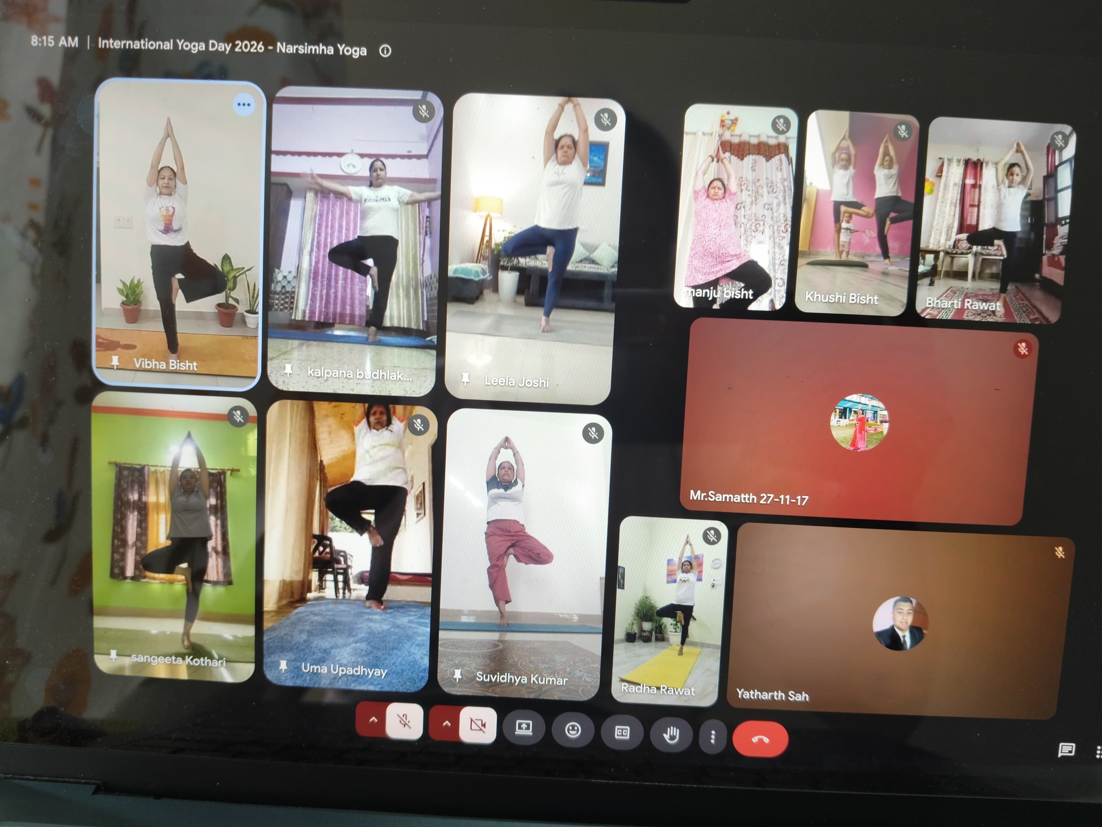 International Yoga Day 2026 online session with Narsimha Yoga students practicing Tree Pose on a video call