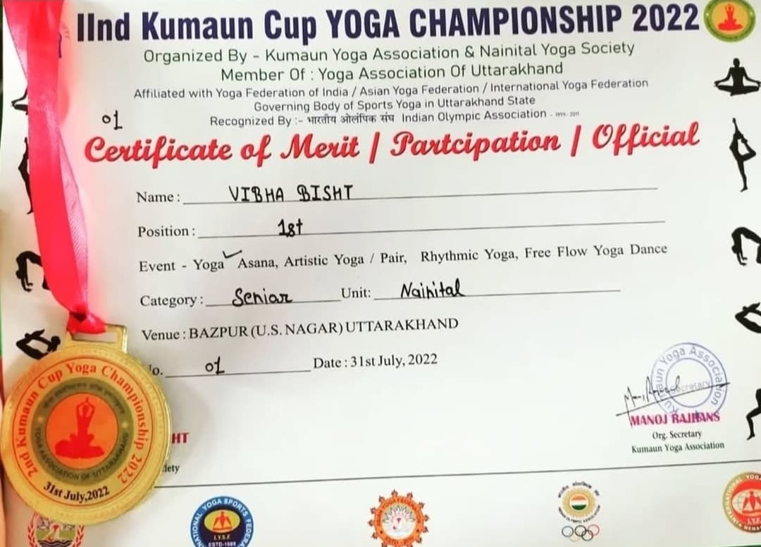 Gold medal and certificate from 1st place at the IInd Kumaun Cup Yoga Championship, July 2022